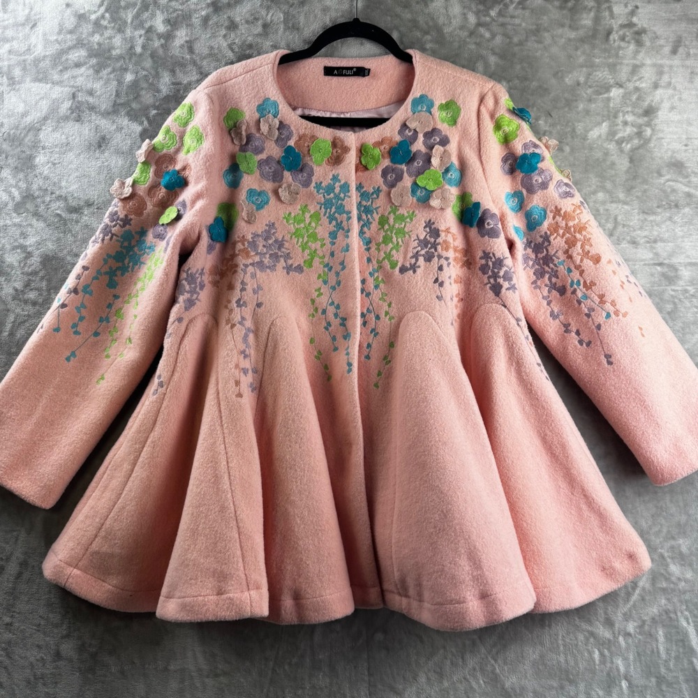 A FULI Floral Applique Coat Women XXXL Pink Wool Blend Flared Jacket (O)